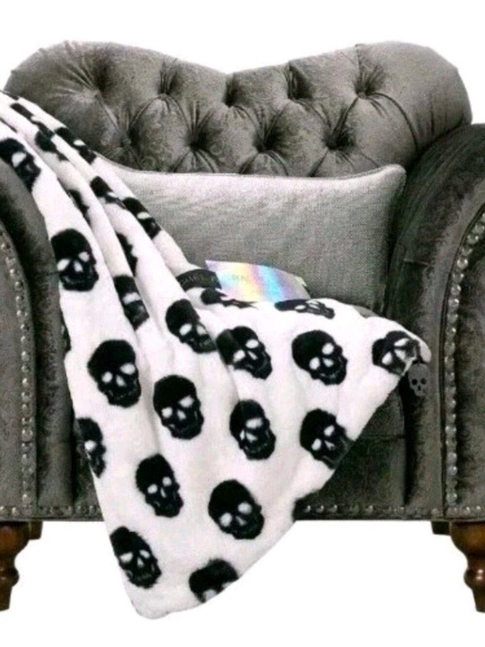 Rachel Zoe Black Skull Luxe Faux Fur Throw Blanket 50x70 Halloween Glam
